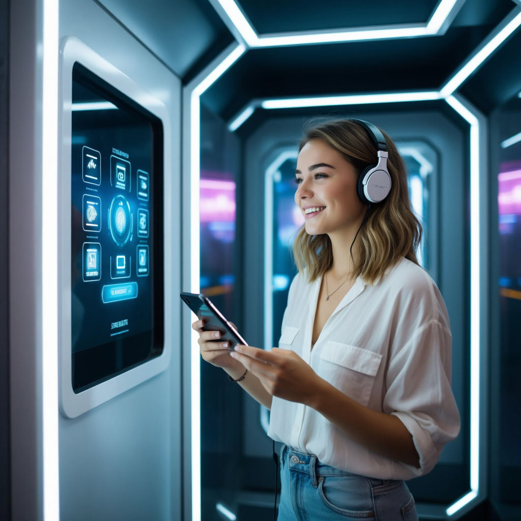 овременная терапия: молодая женщина настраивает персональную сессию в инновационной будке крика.