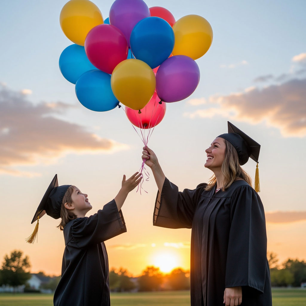 Воспитатель и выпускница запускают воздушные шары на прощание с детским садом.