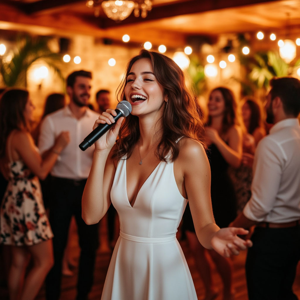 Харизматичная девушка с микрофоном в руке, исполняющие кавер на свадьбе или в уютном ресторане. Они эмоционально взаимодействуют с гостями (пара танцует, гости подпевают). Яркий, живой кадр с красивым светом.