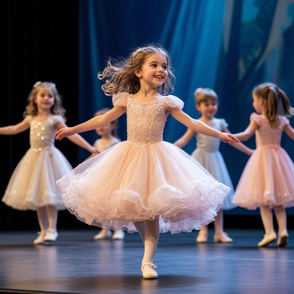 Девочка в красивом платье танцует на выпускном утреннике в детском саду.