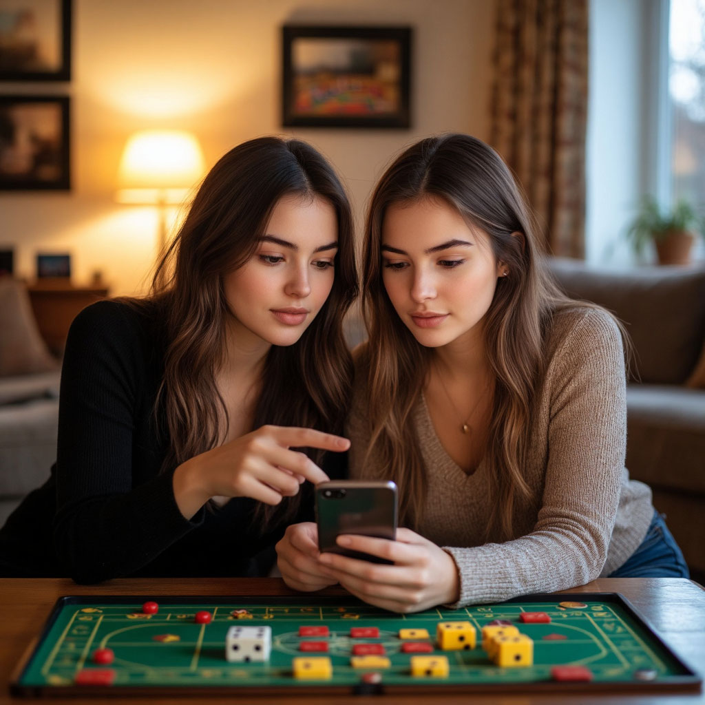 Две красивые девушки обсуждают загадку в телефоне