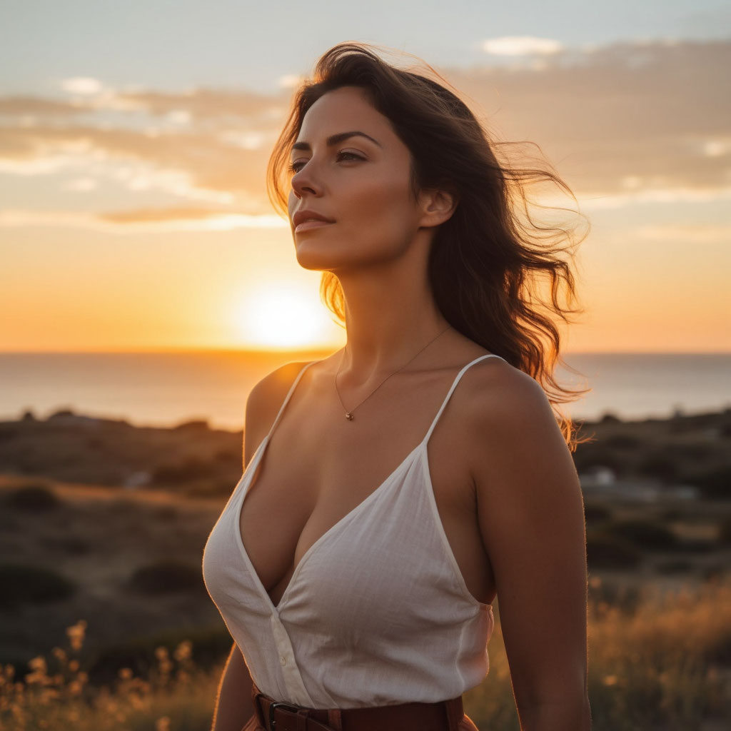 Стильная уверенная женщина 45 лет мечтает о путешествиях на закате солнца