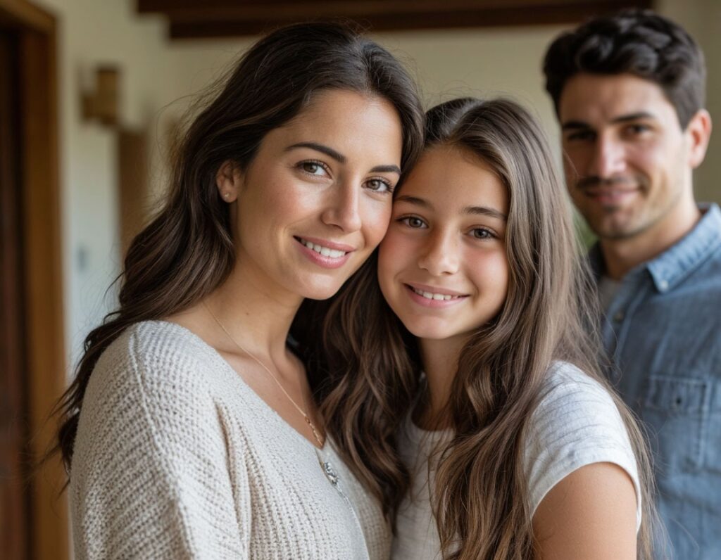 Дочь обнимает маму на кухне в праздничный весенний день.