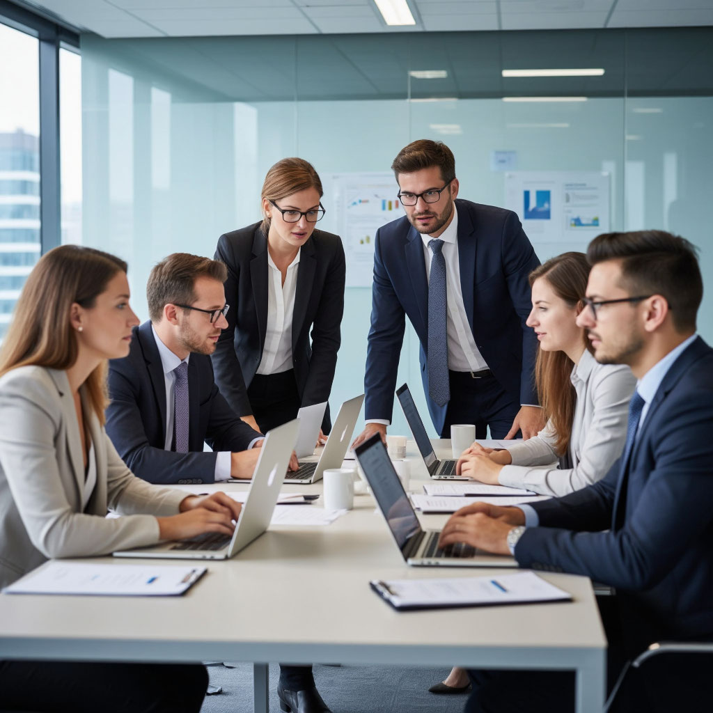 Команда успешных банковских менеджеров обсуждает проект во время современного бизнес-тренинга.