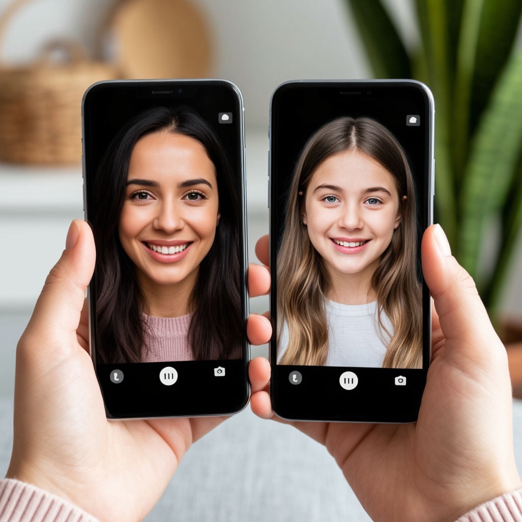 Две руки на экранах смартфонов: мама и дочь на видеозвонке в день 8 Марта.