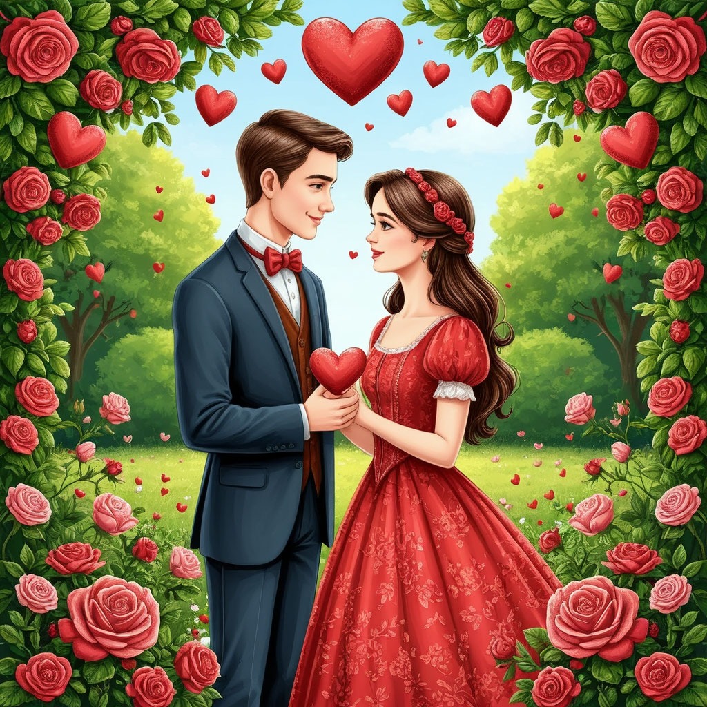 Иллюстрация истории Дня святого Валентина: святой Валентин и влюбленная пара в саду.