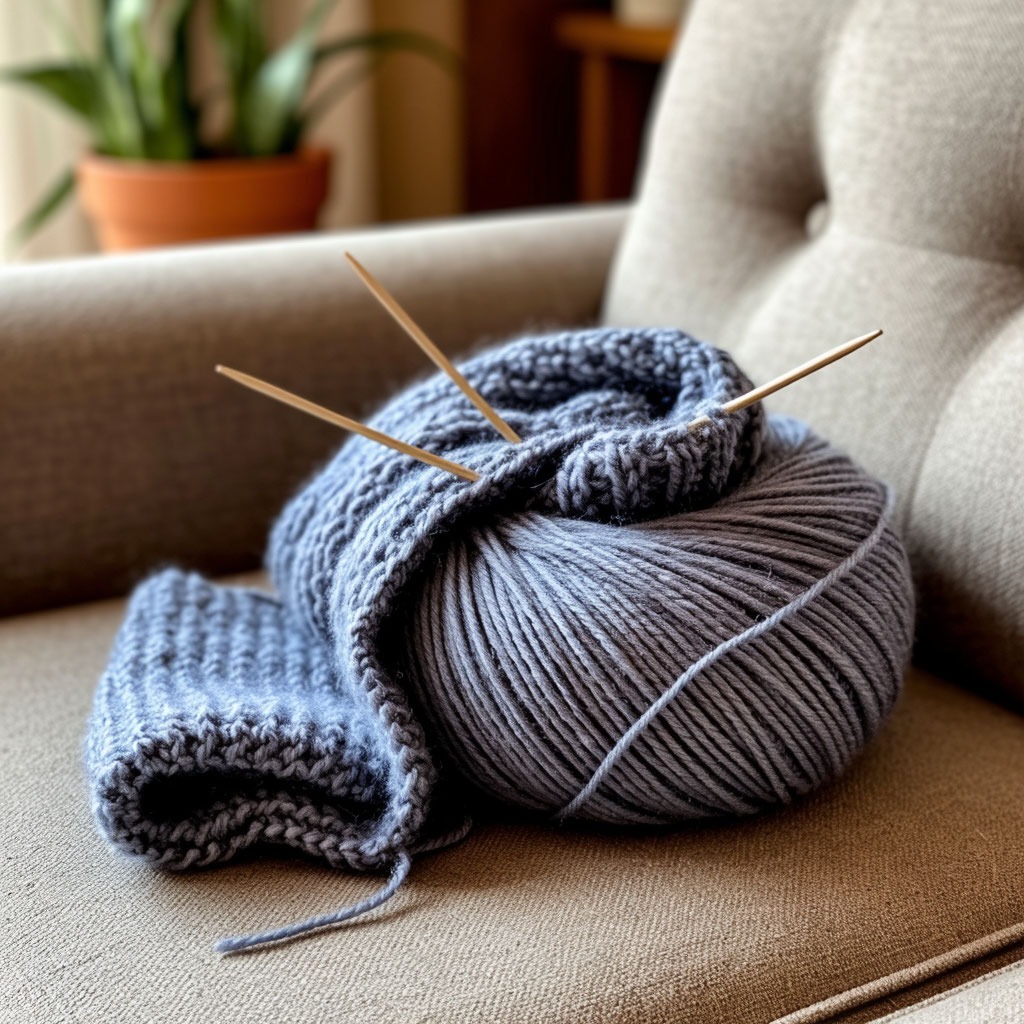 Клубок мягкой пряжи и спицы с началом вязания шарфа на диване.