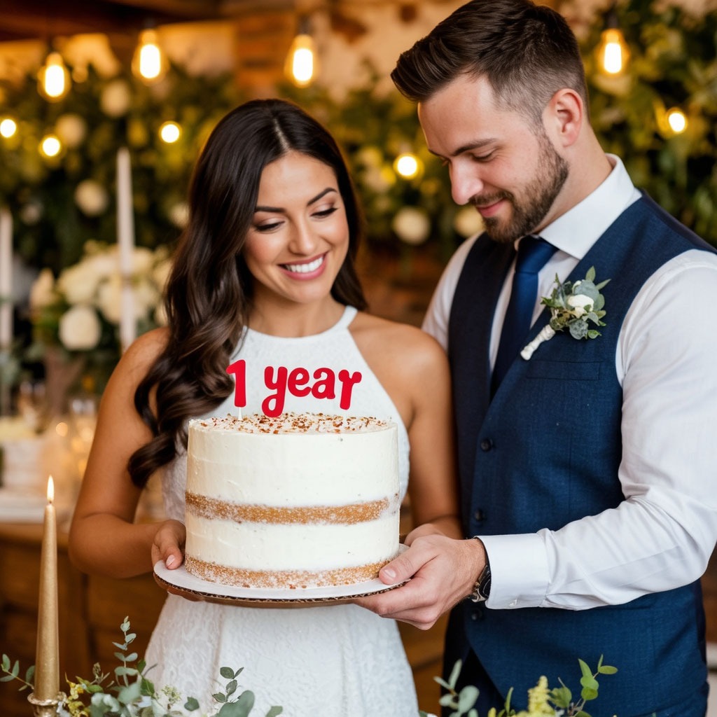 Пара режет торт на празднование ситцевой свадьбы (1 год).