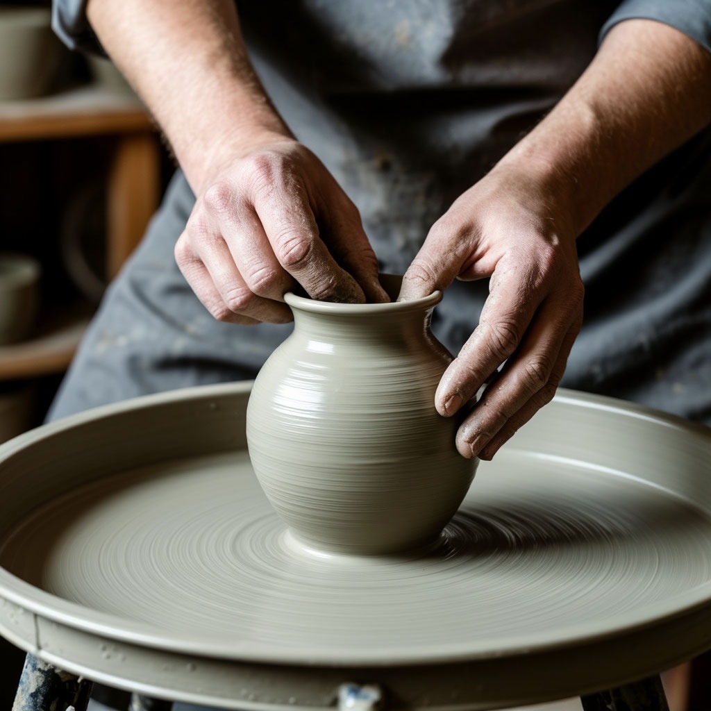 Руки лепят из серой глины вазу на гончарном круге