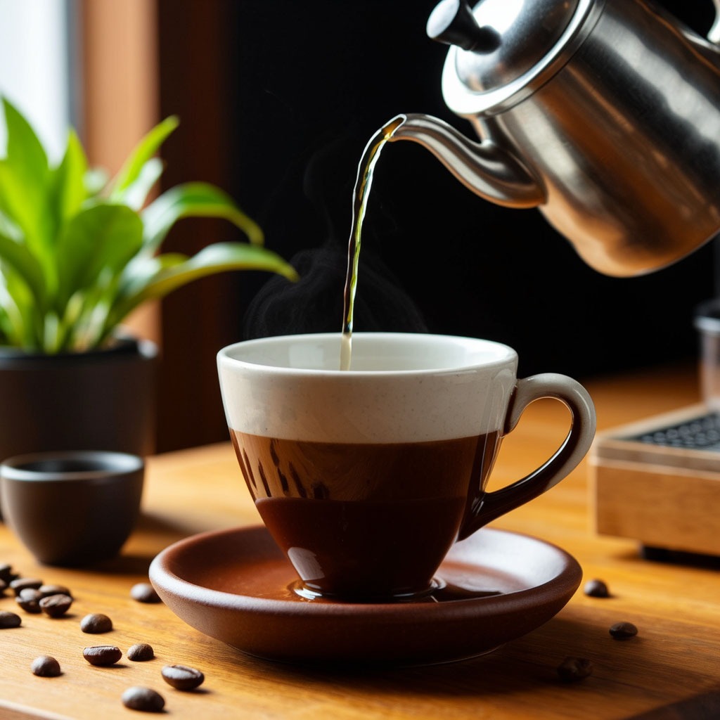 Ручное заваривание фильтр-кофе в керамической дриппере, струйка горячей воды.