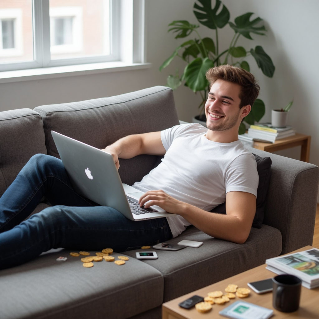 Молодой парень в смешной позе на диване. Прикольное дружеское поздравление с 23 февраля для друга или брата.