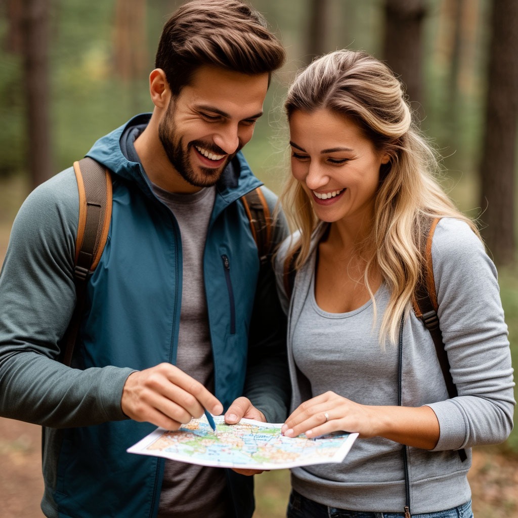 Молодая спортивная пара на природе участвует в квесте на 23 февраля. Идея для активного корпоративного тимбилдинга.