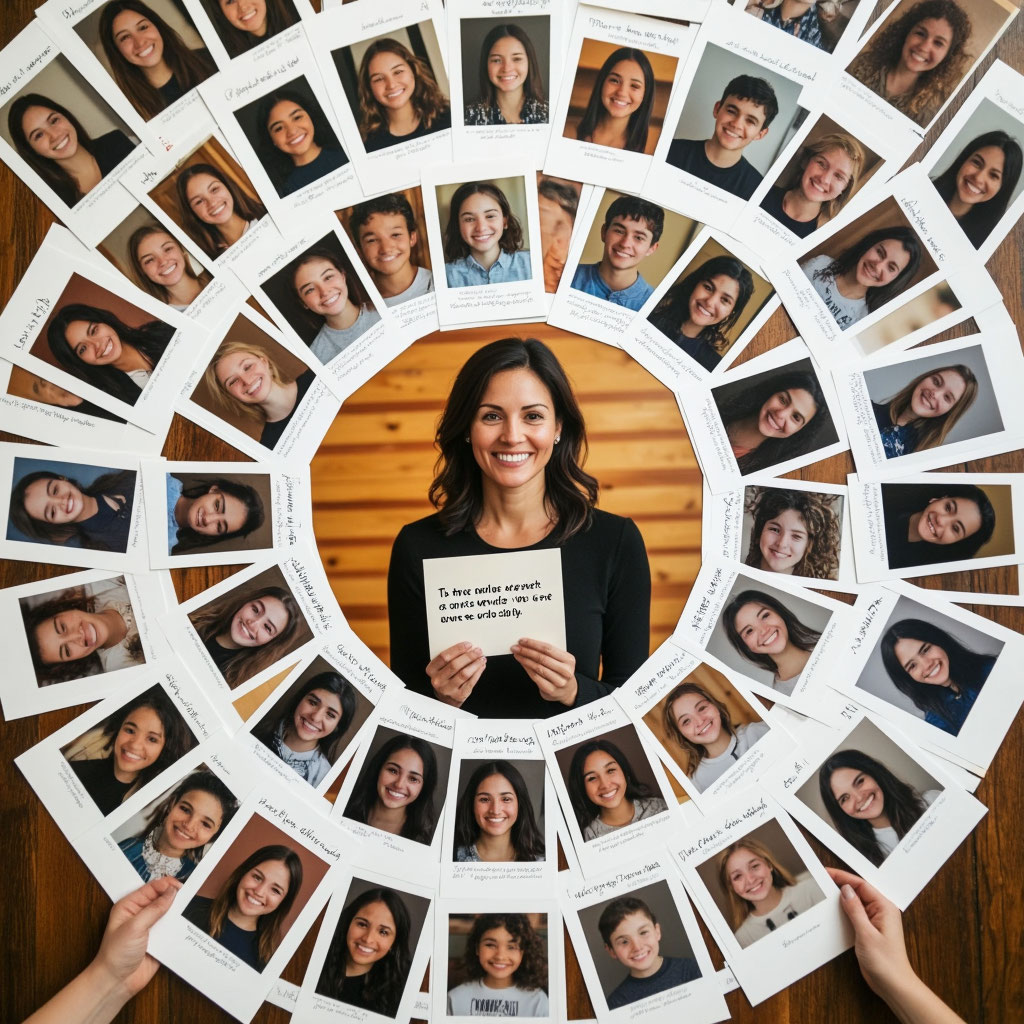 Коллективная открытка с днем рождения учителю от всего класса с фотографиями учеников.