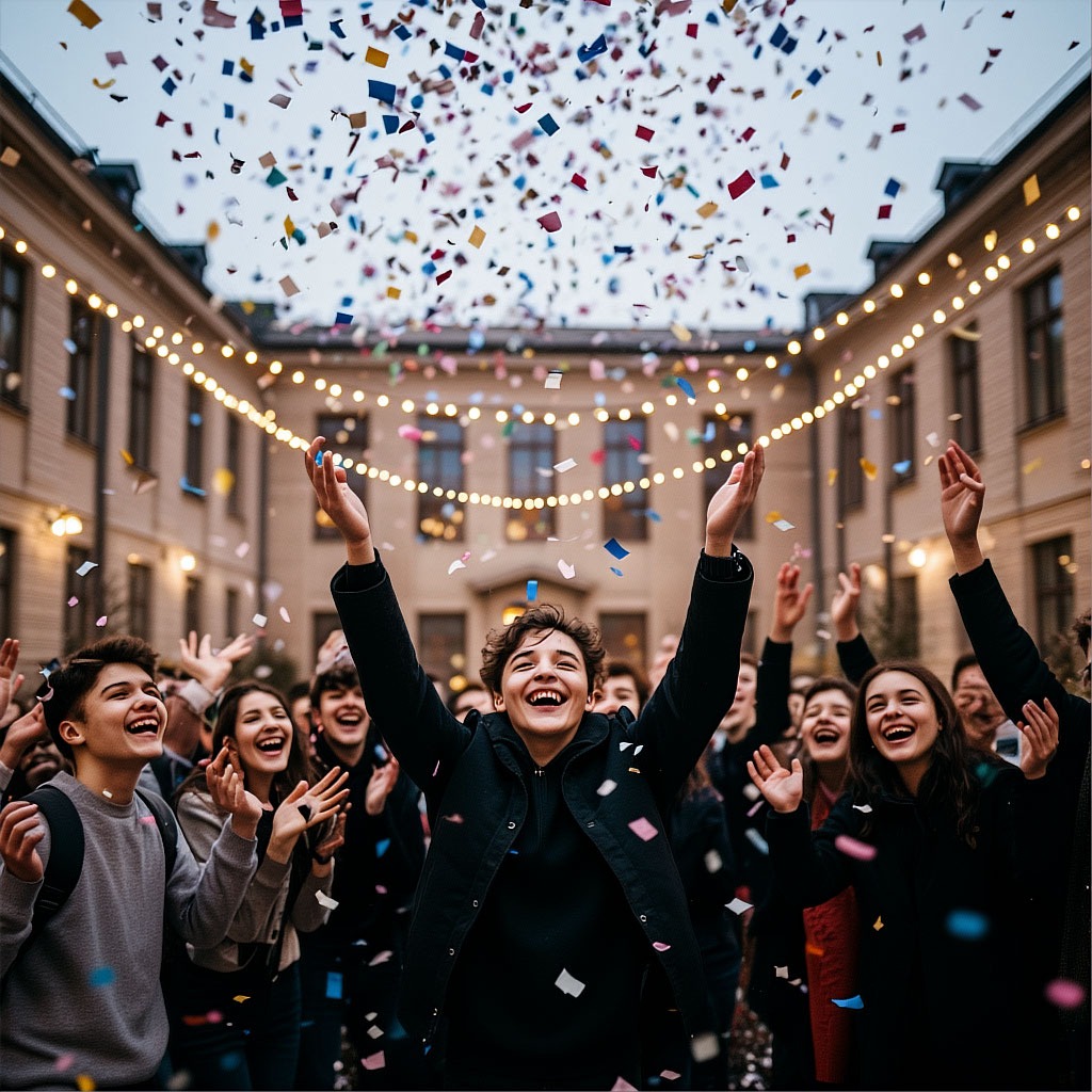 Студенты запускают конфетти на Татьянин день в университете.