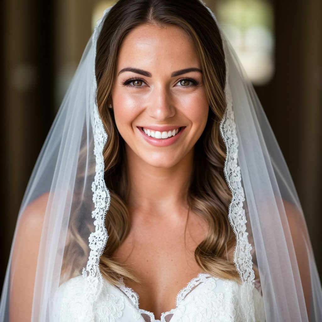 Невеста в полном свадебном образе с фатой и букетом