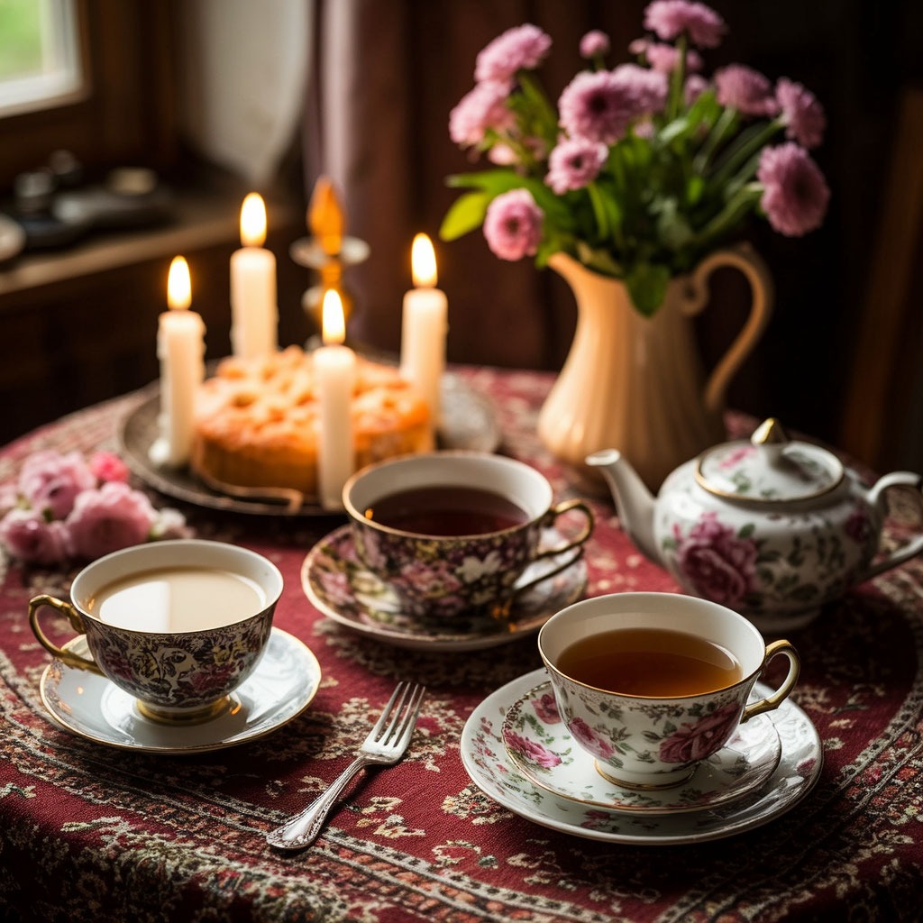 Уютный вечер с чаем и тортом в честь дня рождения мамы.