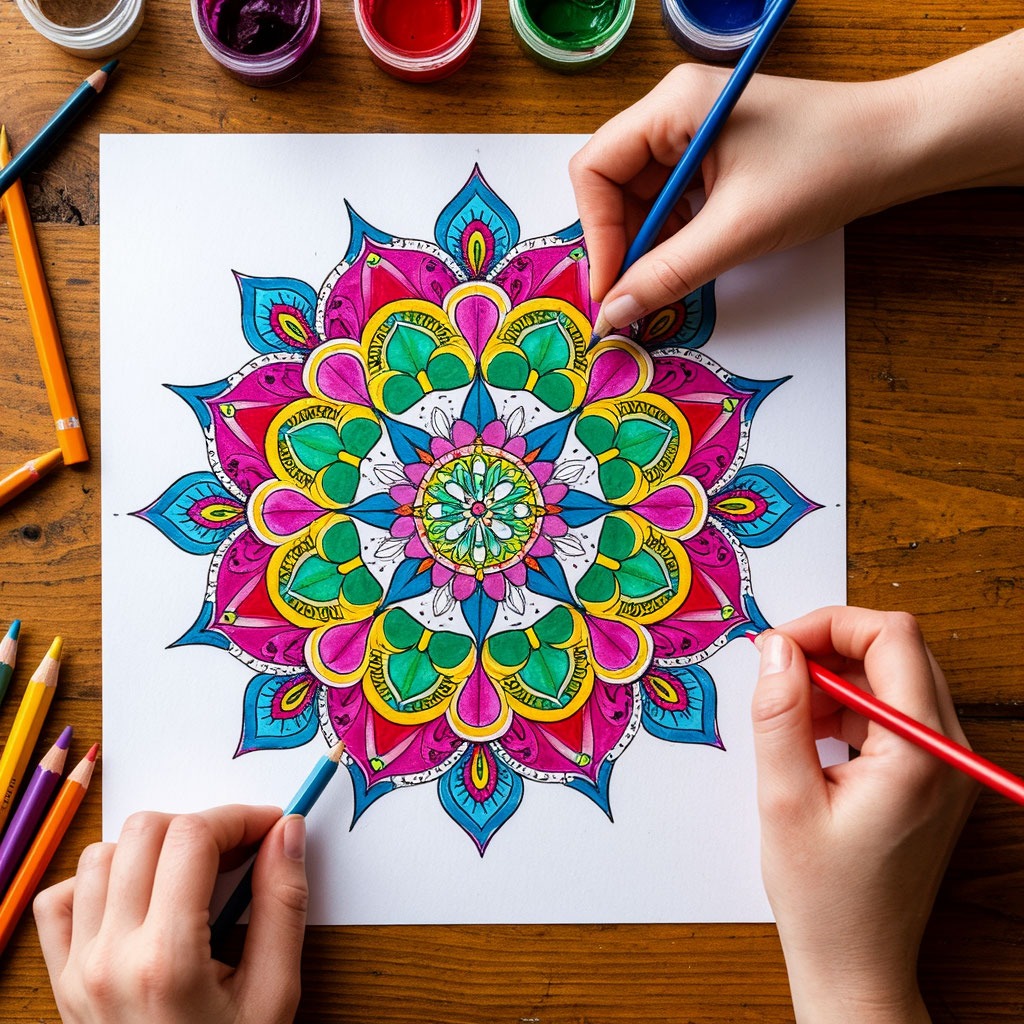 Женские руки раскрашивают сложную мандалу цветными карандашами на столе