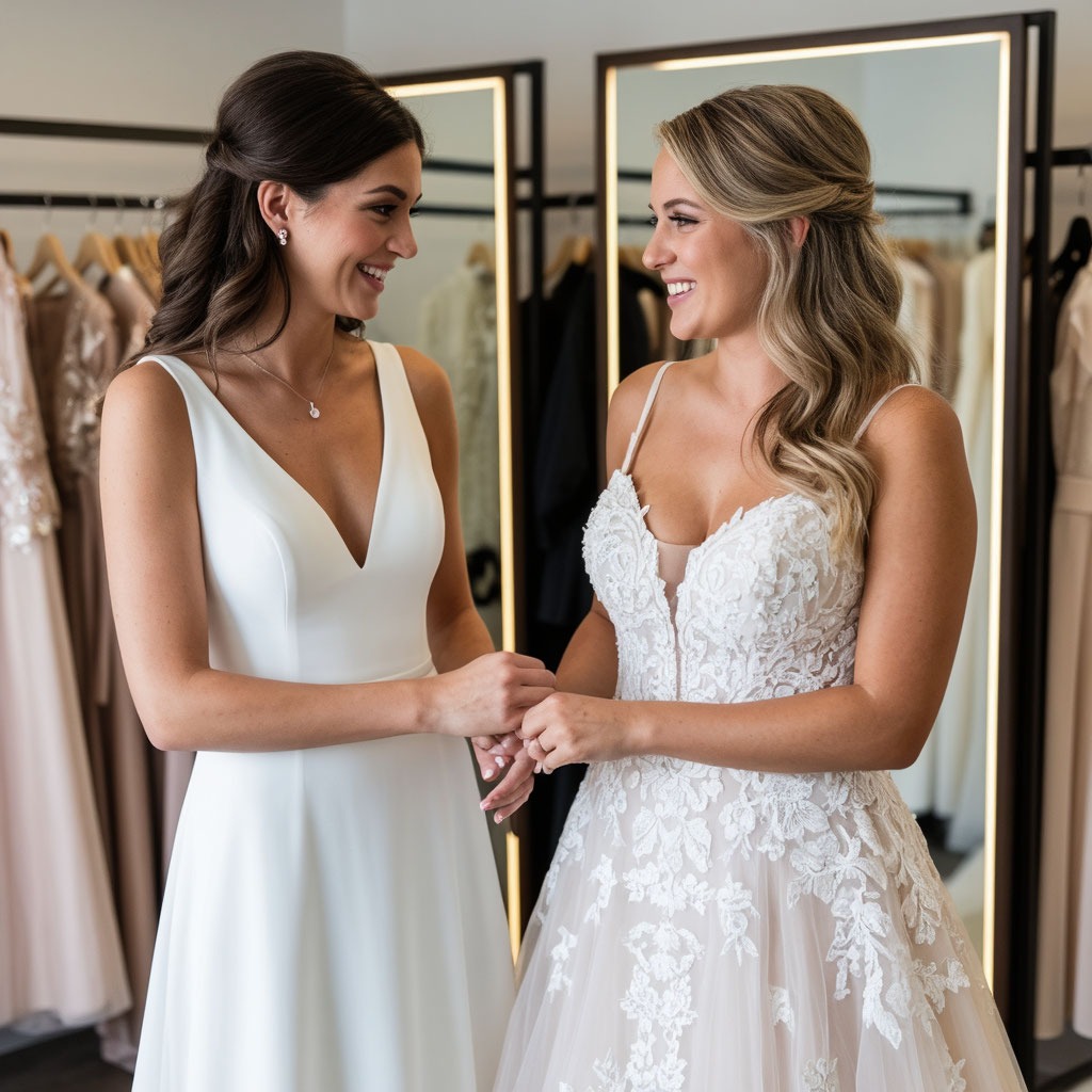Невеста в свадебном салоне с мамой и подругой