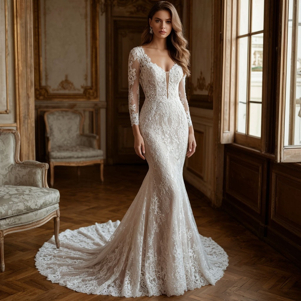 Невеста в облегающем свадебном платье силуэта русалка