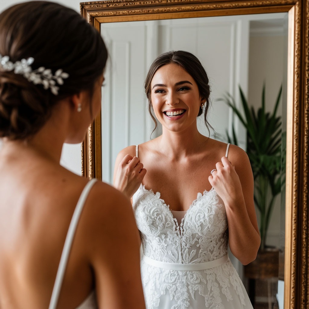 Счастливая невеста плачет от счастья в идеальном платье