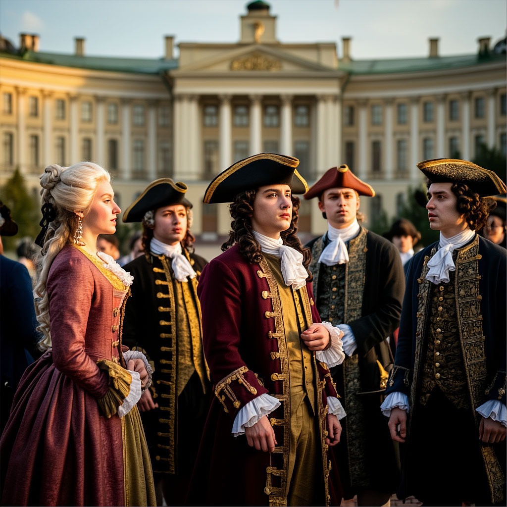 Студенты в костюмах XVIII века разыгрывают основание МГУ.