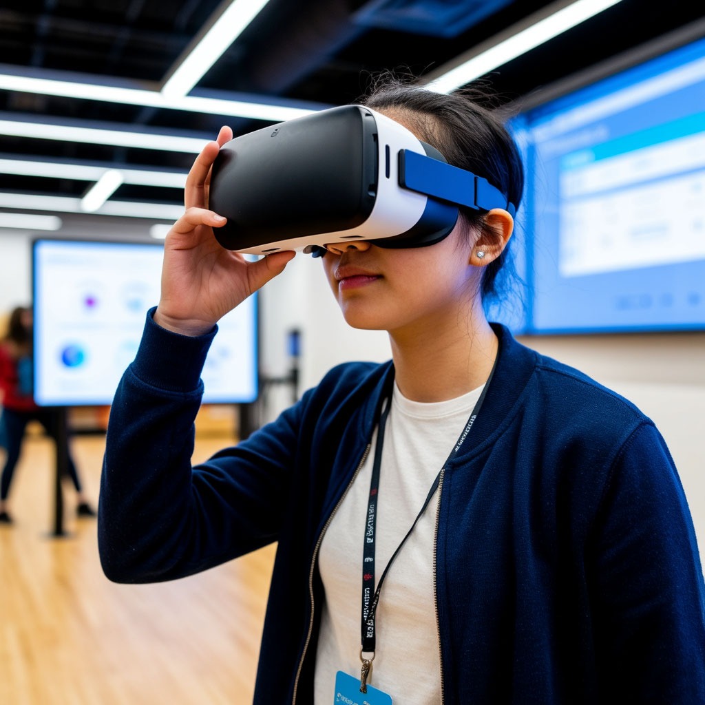 Студент использует VR-очки на интерактивной площадке.