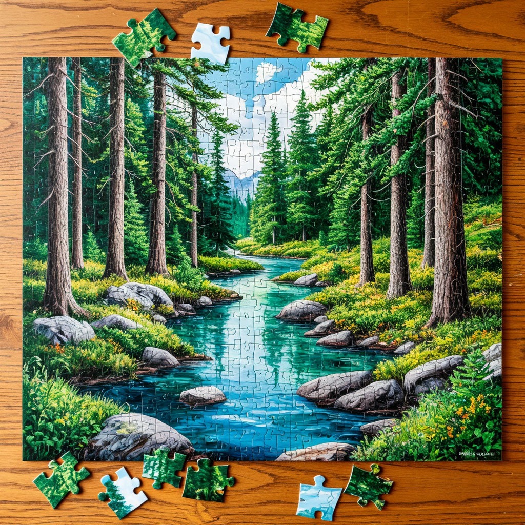На деревянном столе собрана половина большого пазла с пейзажем леса.