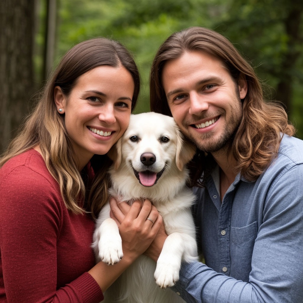 Молодая семья с собакой отмечает 1 год свадьбы.