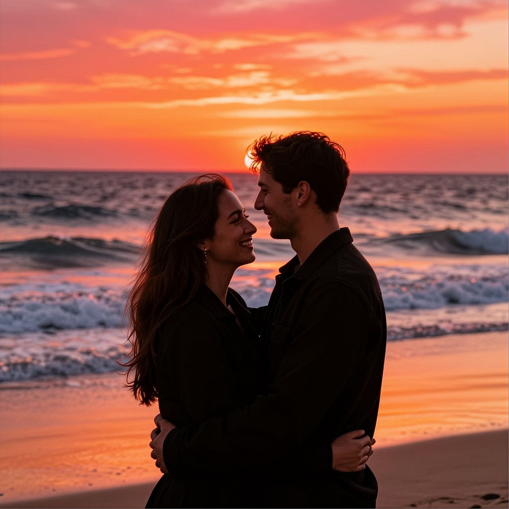 Пара на фоне заката в день первой годовщины свадьбы.