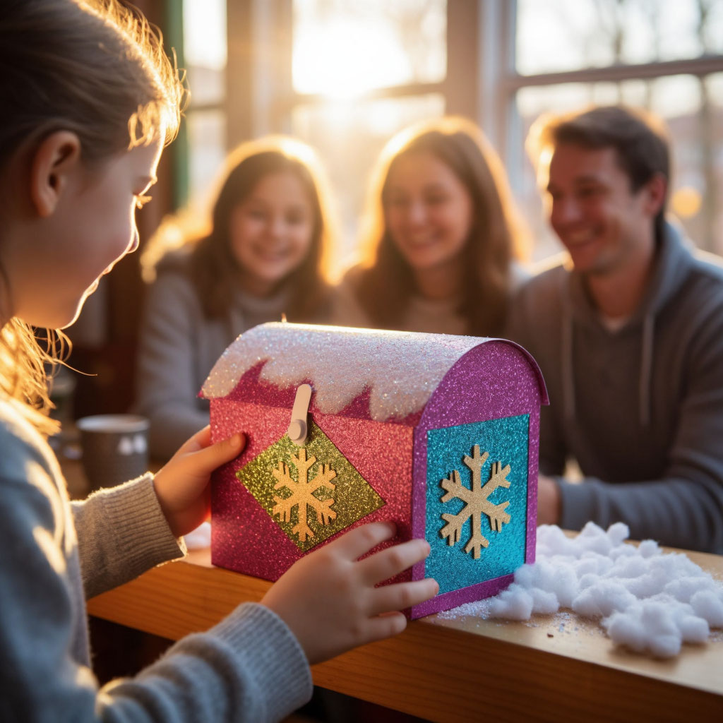 Ребенок отправляет письмо Деду Морозу 30 апреля в самодельный волшебный почтовый ящик.