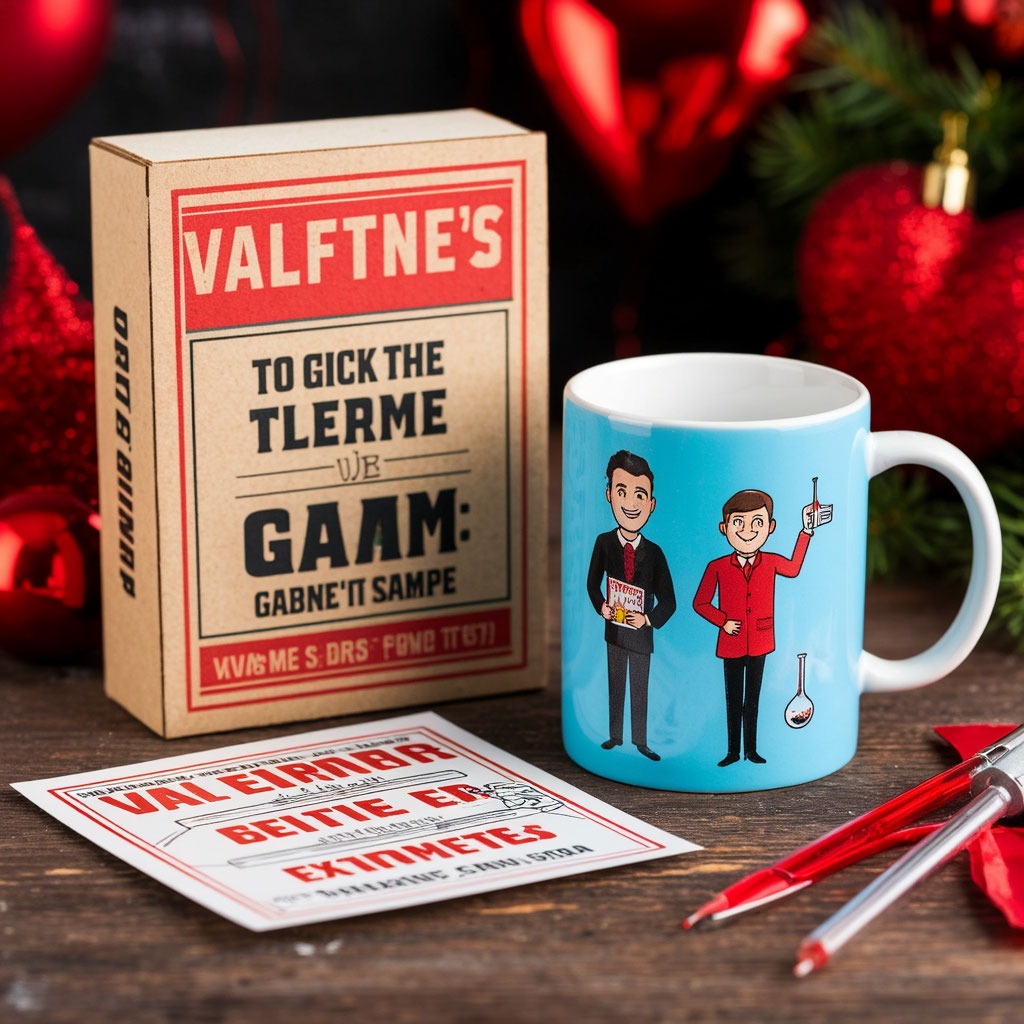 Креативный набор подарков для парня на День святого Валентина: билет на игру, кружка, набор для опытов.