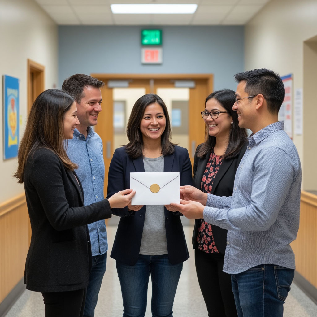 Родители дарят поздравительную открытку учителю на день рождения от всего коллектива.