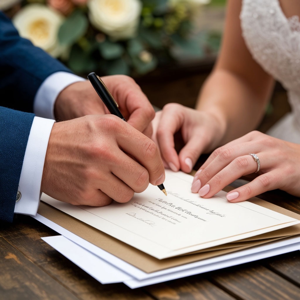 Крупный план рук молодоженов, которые вместе подписывают стопку свадебных приглашений.