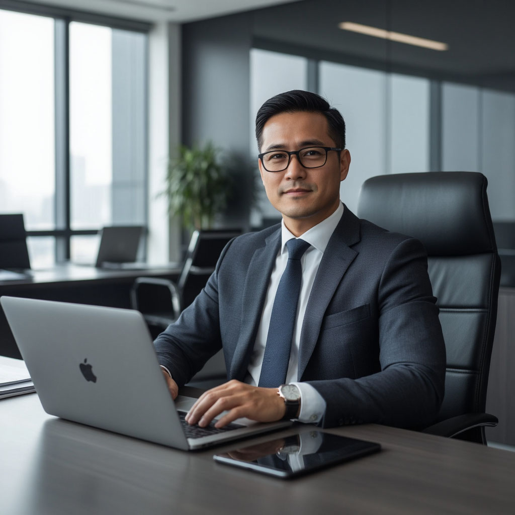 Успешный руководитель-мужчина в деловом кабинете. Официальное уважительное поздравление с 23 февраля от коллектива.