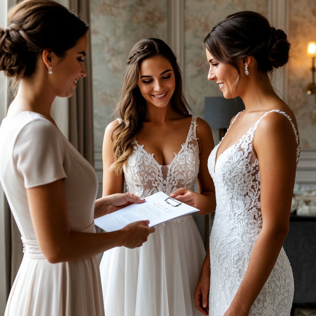 Невеста внимательно изучает договор в свадебном салоне