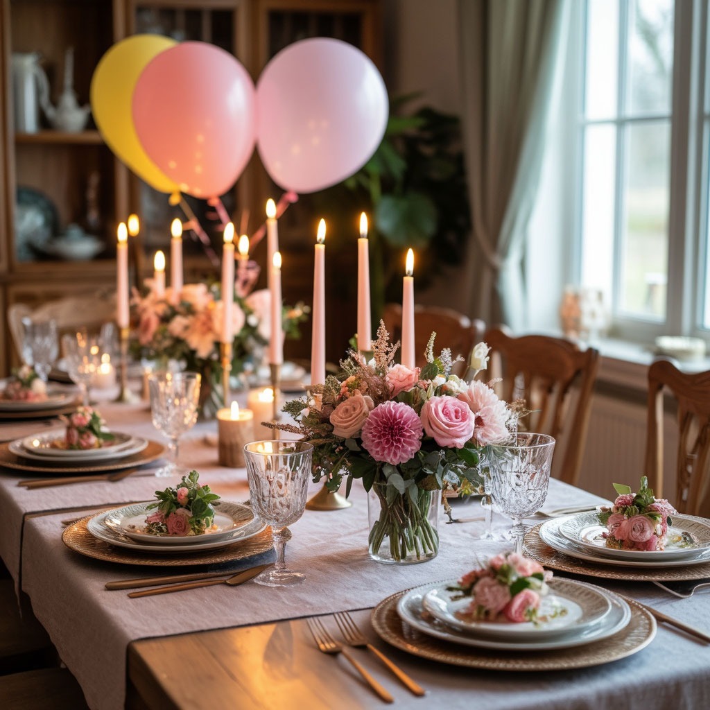 Украшенный праздничный стол для дня рождения мамы дома.