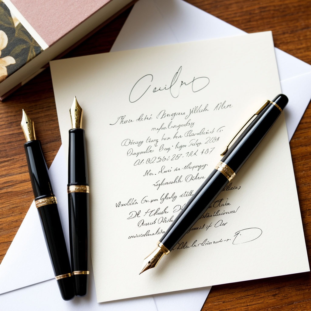 Пример правильного расположения подписи на классическом свадебном приглашении рядом с перьевыми ручками.