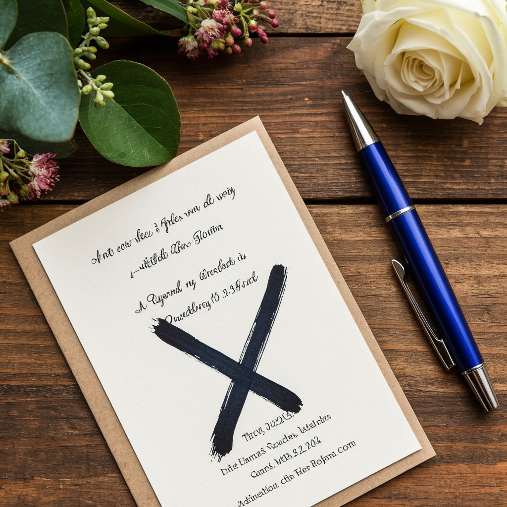 Фото с помаркой на свадебном приглашении и перечеркнутой шариковой ручкой — пример ошибки.