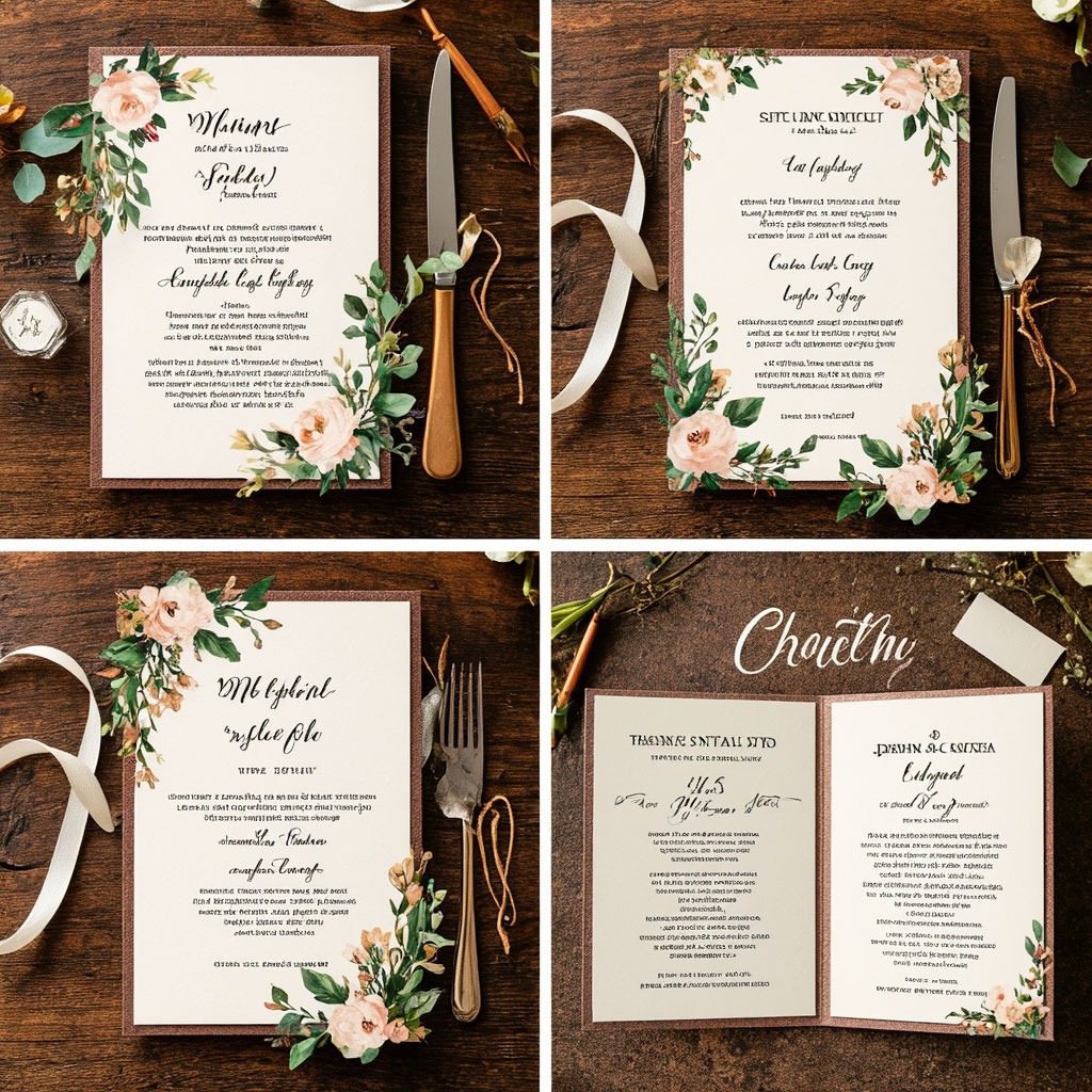 Коллаж из трех разных свадебных приглашений с подписями: классической, романтичной с цитатой и неформальной.