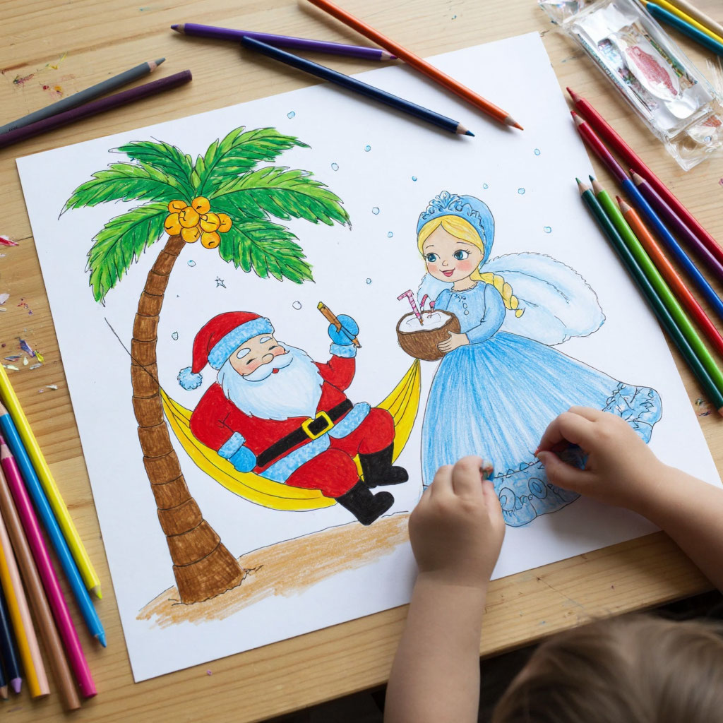 Детский рисунок для Деда Мороза и Снегурочки на летний отдых — творческая поделка 30 апреля.