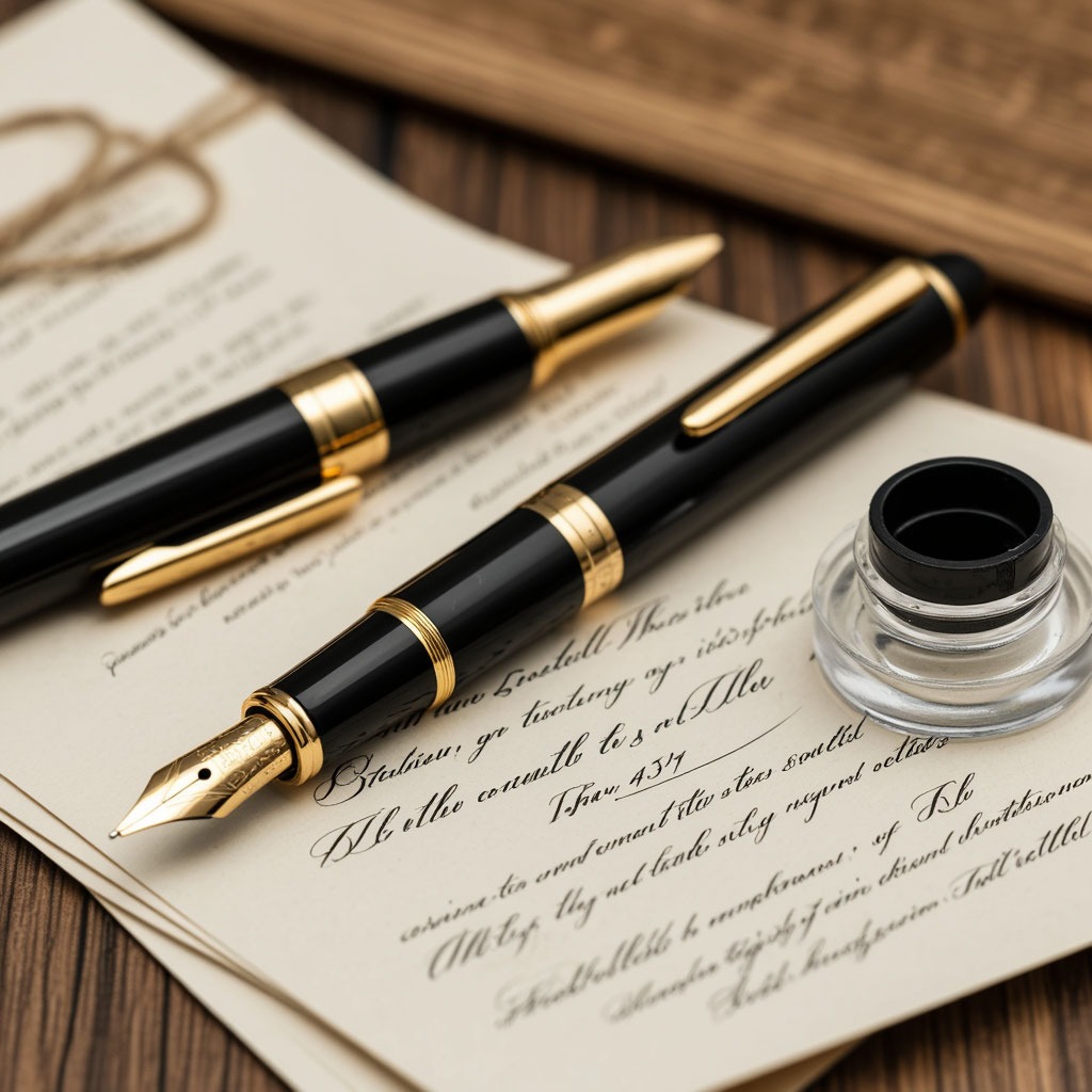 Композиция из разных ручек (перьевая, гелевая, золотая) и чернильницы на фоне свадебных приглашений.