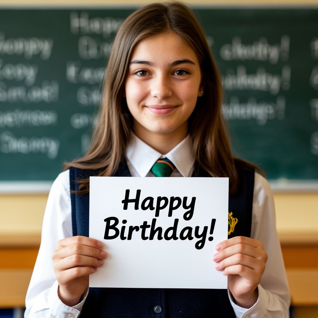 Поздравление с днем рождения учителю от ученицы с открыткой своими руками в классе.