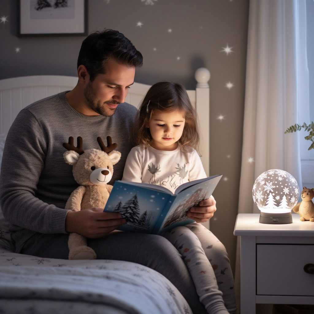 Отец рассказывает ребенку сказку на ночь про летний отдых Деда Мороза и Снегурочки.