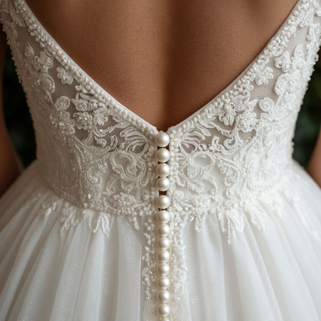Деталь спинки свадебного платья с рядом жемчужных пуговиц