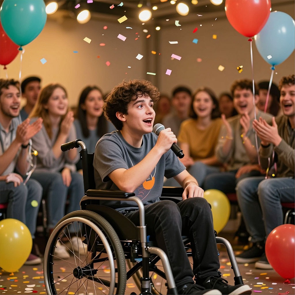 Студент на коляске активно участвует в праздничной викторине.