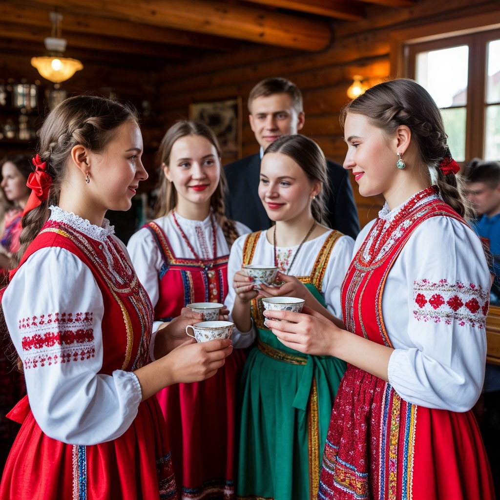 Народный хоровод и чаепитие у самовара в сельском клубе.