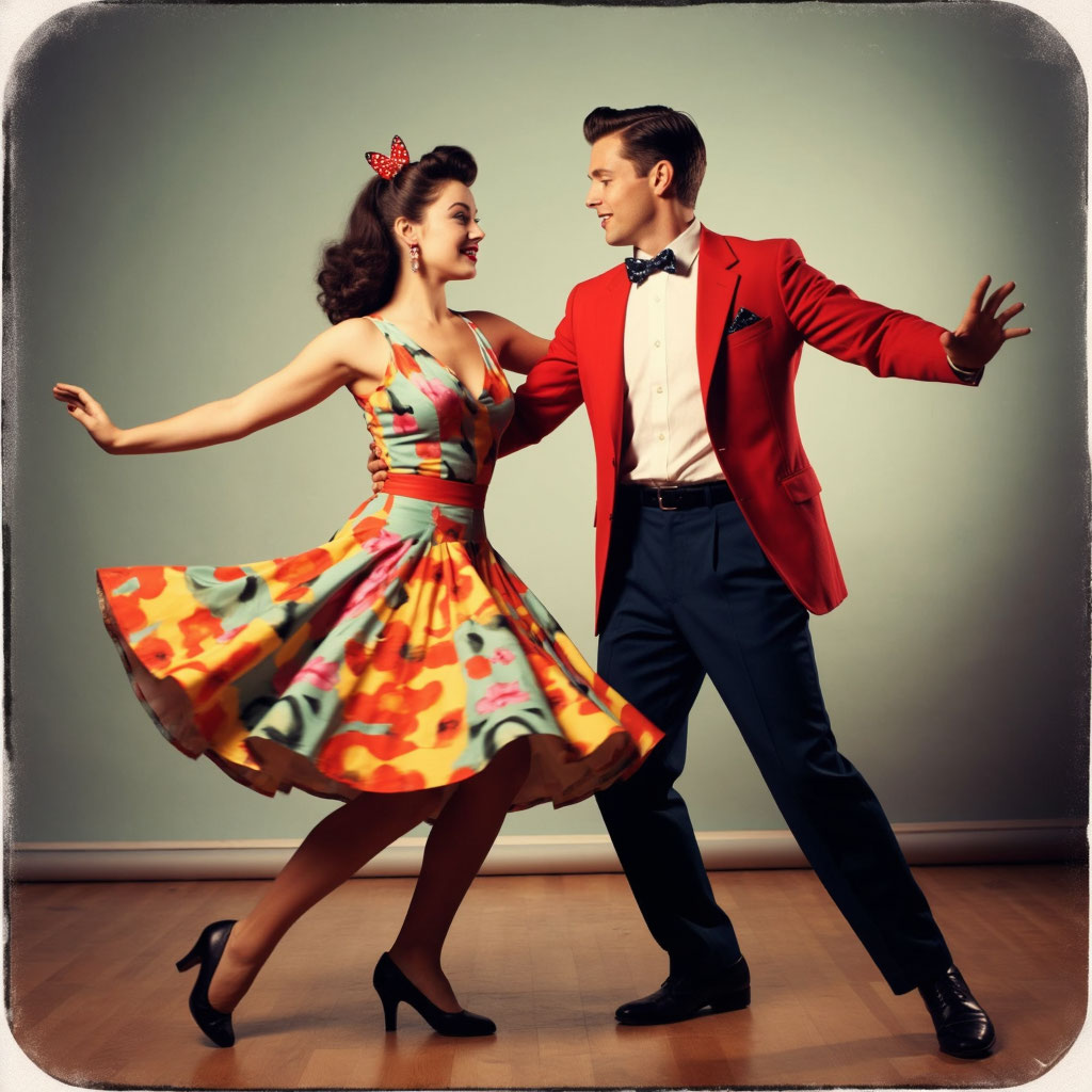 Яркая пара в костюмах стиляг танцует на тематической вечеринке к 23 февраля. Креативный сценарий корпоратива.