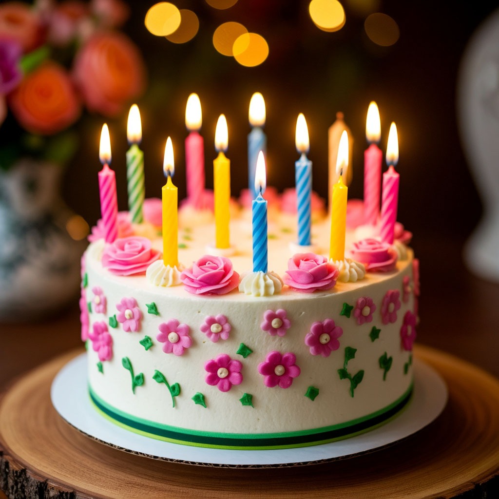 Тортик для мамы на день рождения с зажжёнными свечами.