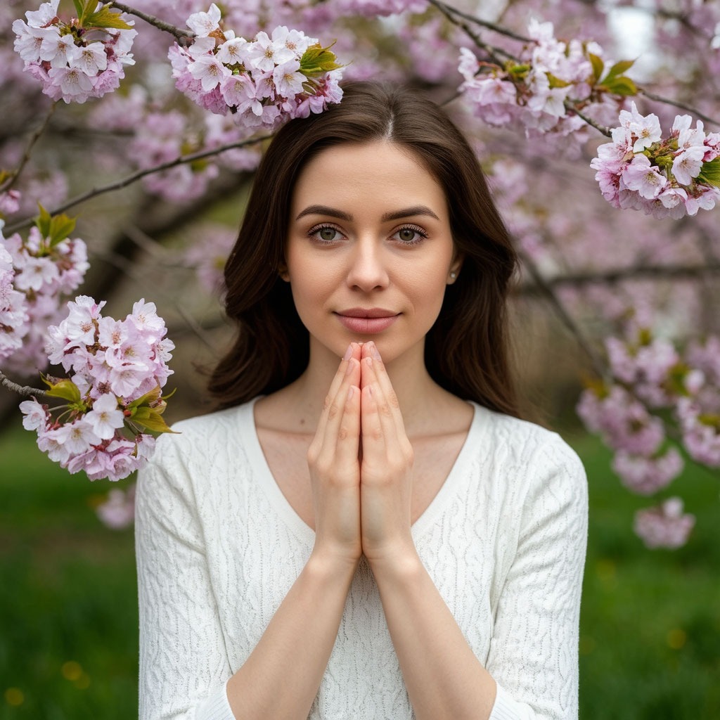 Концептуальное фото: мамины руки на фоне весенних цветущих веток.