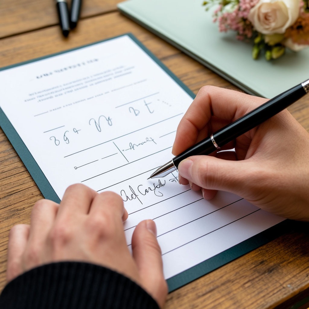 Пошаговое фото: рука подписывает приглашение, используя подложку-шаблон для ровных строк.